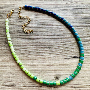 18K Gold Block Layering Blue & Green Beaded 1 Strand Necklace, Colorful Jewelry, Chunky statement necklace, jelly bean necklace confetti