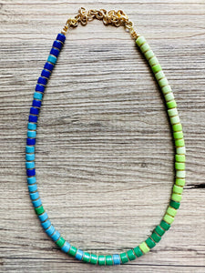 18K Gold Block Layering Blue & Green Beaded 1 Strand Necklace, Colorful Jewelry, Chunky statement necklace, jelly bean necklace confetti