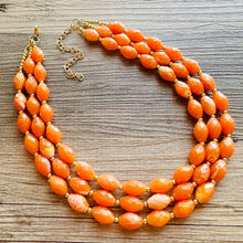 Load image into Gallery viewer, Clementine Statement Necklace, chunky bib beaded jewelry, Summer orange necklace, beaded acrylic jewelry orange 3 strand geometric