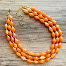 Load image into Gallery viewer, Clementine Statement Necklace, chunky bib beaded jewelry, Summer orange necklace, beaded acrylic jewelry orange 3 strand geometric