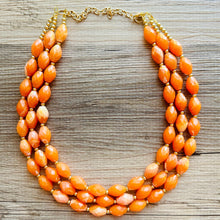 Load image into Gallery viewer, Clementine Statement Necklace, chunky bib beaded jewelry, Summer orange necklace, beaded acrylic jewelry orange 3 strand geometric