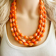 Load image into Gallery viewer, Clementine Statement Necklace, chunky bib beaded jewelry, Summer orange necklace, beaded acrylic jewelry orange 3 strand geometric