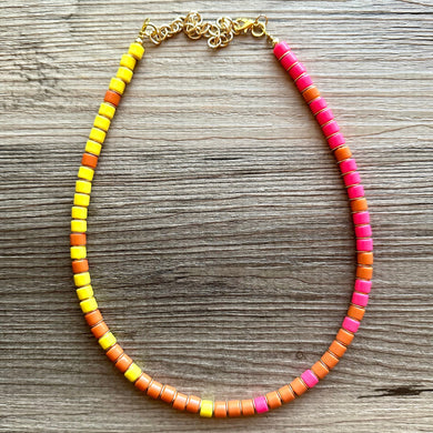 18K Gold Block Layering Pink Yellow Orange Beaded 1 Strand Necklace, Colorful Jewelry, Chunky statement, jelly bean necklace confetti