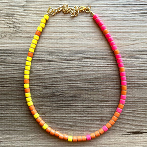 18K Gold Block Layering Pink Yellow Orange Beaded 1 Strand Necklace, Colorful Jewelry, Chunky statement, jelly bean necklace confetti