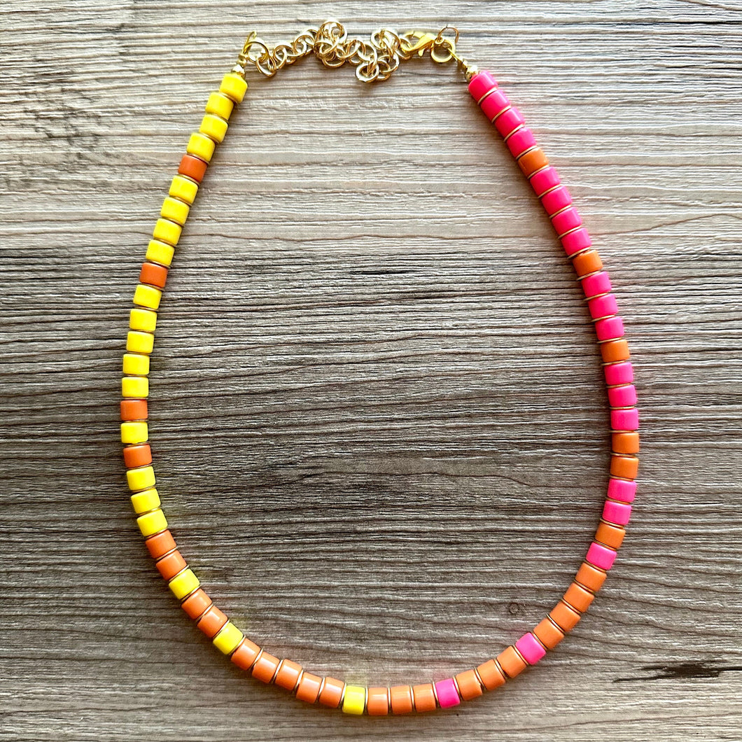 18K Gold Block Layering Pink Yellow Orange Beaded 1 Strand Necklace, Colorful Jewelry, Chunky statement, jelly bean necklace confetti