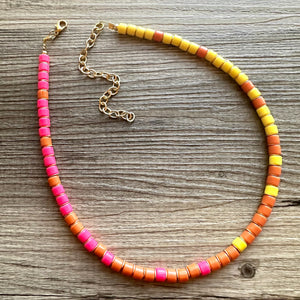 18K Gold Block Layering Pink Yellow Orange Beaded 1 Strand Necklace, Colorful Jewelry, Chunky statement, jelly bean necklace confetti