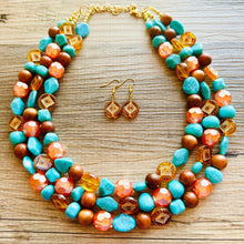 Load image into Gallery viewer, Morning Light Statement Necklace, multi Strand Beaded Jewelry, Blue Orange jewelry, gold and blue necklace, turquoise coral aqua big beaded
