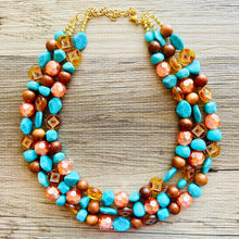 Load image into Gallery viewer, Morning Light Statement Necklace, multi Strand Beaded Jewelry, Blue Orange jewelry, gold and blue necklace, turquoise coral aqua big beaded