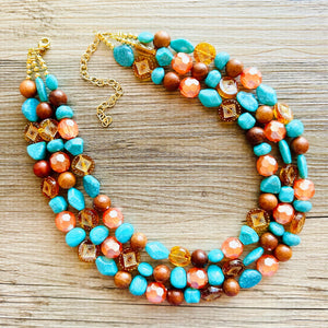 Morning Light Statement Necklace, multi Strand Beaded Jewelry, Blue Orange jewelry, gold and blue necklace, turquoise coral aqua big beaded
