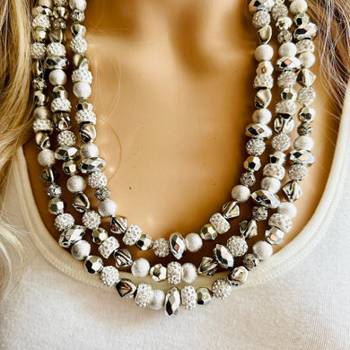She Has Arrived chunky statement necklace, silver gray big bead jewelry gifts for women, bib jewelry Multi-Strand beaded rhinestone diamond