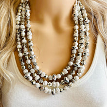 Load image into Gallery viewer, She Has Arrived chunky statement necklace, silver gray big bead jewelry gifts for women, bib jewelry Multi-Strand beaded rhinestone diamond