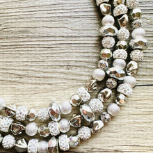 Load image into Gallery viewer, She Has Arrived chunky statement necklace, silver gray big bead jewelry gifts for women, bib jewelry Multi-Strand beaded rhinestone diamond