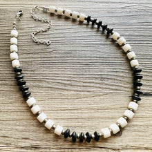 Load image into Gallery viewer, Black &amp; White Necklace OOAK multi strand jewelry, bib beaded chunky statement necklace, black necklace, bridesmaid necklace silver