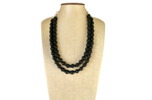 Load image into Gallery viewer, Black Wood Necklace, double strand jewelry, ball beaded chunky statement necklace, black necklace, drop black resin earrings tie dye glass