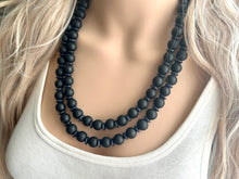 Load image into Gallery viewer, Black Wood Necklace, double strand jewelry, ball beaded chunky statement necklace, black necklace, drop black resin earrings tie dye glass