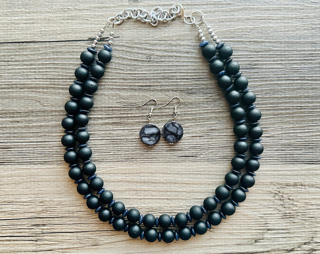 Black Wood Necklace, double strand jewelry, ball beaded chunky statement necklace, black necklace, drop black resin earrings tie dye glass