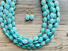 Load image into Gallery viewer, Aqua Blue Statement Necklace, Chunky Jewelry Big Beaded 5 Strand Necklace, light Blue Necklace, earrings Jewelry Set, turquoise gold Beaded