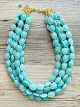 Load image into Gallery viewer, Aqua Blue Statement Necklace, Chunky Jewelry Big Beaded 5 Strand Necklace, light Blue Necklace, earrings Jewelry Set, turquoise gold Beaded