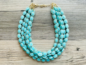 Aqua Blue Statement Necklace, Chunky Jewelry Big Beaded 5 Strand Necklace, light Blue Necklace, earrings Jewelry Set, turquoise gold Beaded