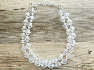 Bubble Clear Crystal Statement Necklace, Cone Faceted Beaded Everyday neutral jewelry, silver accents chunky bib necklace earring set