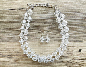 Bubble Clear Crystal Statement Necklace, Cone Faceted Beaded Everyday neutral jewelry, silver accents chunky bib necklace earring set
