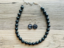 Load image into Gallery viewer, Black Wood Necklace, single strand jewelry, ball beaded chunky statement necklace, black necklace, drop black resin earrings tie dye glass