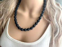 Load image into Gallery viewer, Black Wood Necklace, single strand jewelry, ball beaded chunky statement necklace, black necklace, drop black resin earrings tie dye glass