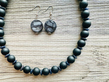 Load image into Gallery viewer, Black Wood Necklace, single strand jewelry, ball beaded chunky statement necklace, black necklace, drop black resin earrings tie dye glass