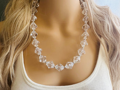 Bubble Clear Crystal Statement Necklace, Cone Faceted Beaded Everyday neutral jewelry, silver accents chunky bib necklace earring set