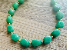 Load image into Gallery viewer, Clover Green Polished Agate GemStone Necklace green gold statement necklace jewelry, long beaded statement layering necklace gemstone