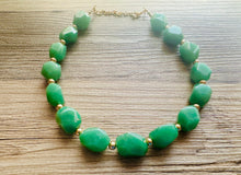 Load image into Gallery viewer, Clover Green Polished Agate GemStone Necklace green gold statement necklace jewelry, long beaded statement layering necklace gemstone