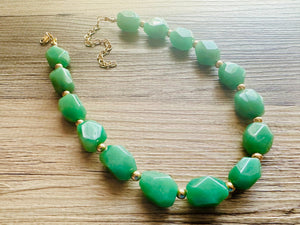 Clover Green Polished Agate GemStone Necklace green gold statement necklace jewelry, long beaded statement layering necklace gemstone