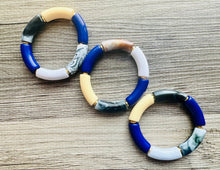 Load image into Gallery viewer, Cabana Weekend Statement bracelet, chunky bold bamboo bracelet, black white royal blue colorful beaded jewelry, chunky geometric