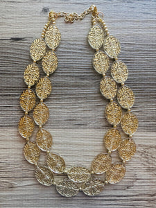 Gold Etched necklace and earrings, geometric beaded statement necklace, everyday metal chunky layering acetate oval gold clear resin set
