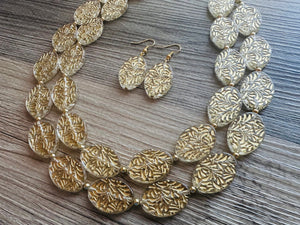 Gold Etched necklace and earrings, geometric beaded statement necklace, everyday metal chunky layering acetate oval gold clear resin set