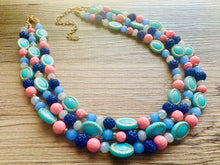 Load image into Gallery viewer, Coral Candy Pink Statement Necklace, chunky bib beaded jewelry, colorful jewelry, turquoise royal blue necklace, beaded jewelry earrings set