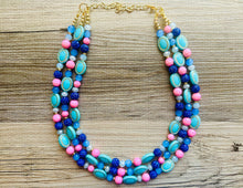 Load image into Gallery viewer, Coral Candy Pink Statement Necklace, chunky bib beaded jewelry, colorful jewelry, turquoise royal blue necklace, beaded jewelry earrings set