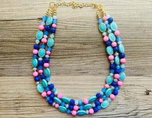 Coral Candy Pink Statement Necklace, chunky bib beaded jewelry, colorful jewelry, turquoise royal blue necklace, beaded jewelry earrings set
