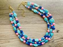 Load image into Gallery viewer, Coral Candy Pink Statement Necklace, chunky bib beaded jewelry, colorful jewelry, turquoise royal blue necklace, beaded jewelry earrings set