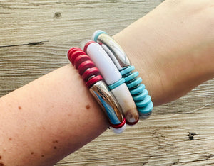 Cabana Weekend Statement bracelet, chunky bold bamboo bracelet, Americana red white turquoise blue colorful beaded jewelry, chunky geometric