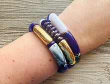 Load image into Gallery viewer, Cabana Weekend Statement bracelet, chunky bold bamboo bracelet, royal purple shell colorful beaded jewelry, chunky geometric white gray gold