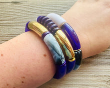 Load image into Gallery viewer, Cabana Weekend Statement bracelet, chunky bold bamboo bracelet, royal purple shell colorful beaded jewelry, chunky geometric white gray gold