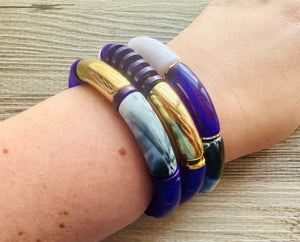 Cabana Weekend Statement bracelet, chunky bold bamboo bracelet, royal purple shell colorful beaded jewelry, chunky geometric white gray gold