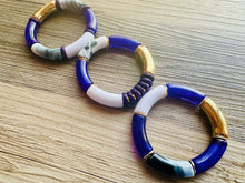 Load image into Gallery viewer, Cabana Weekend Statement bracelet, chunky bold bamboo bracelet, royal purple shell colorful beaded jewelry, chunky geometric white gray gold