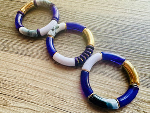 Cabana Weekend Statement bracelet, chunky bold bamboo bracelet, royal purple shell colorful beaded jewelry, chunky geometric white gray gold