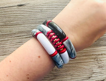 Load image into Gallery viewer, Cabana Weekend Statement bracelet, chunky bold bamboo bracelet, red shell colorful beaded jewelry, chunky geometric white gray gold black