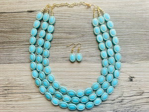 Aqua Blue Statement Necklace, Chunky Jewelry Big Beaded 3 Strand Necklace, light Blue Necklace, earrings Jewelry Set, turquoise gold Beaded