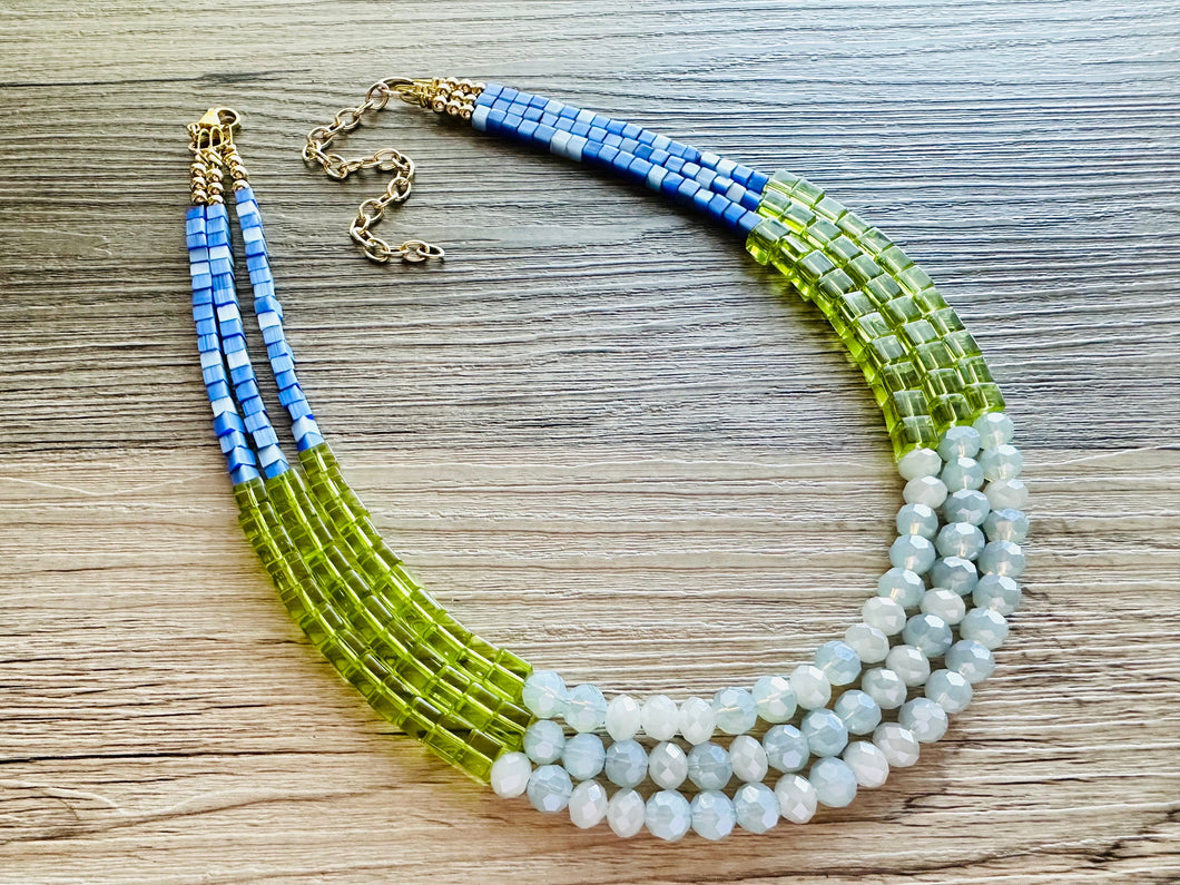 Shoreline BoardWalk Chunky Statement Necklace, big Beaded thick Jewelry, Triple Strand wedding or everyday dress, turquoise green blue