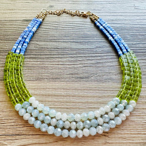 Shoreline BoardWalk Chunky Statement Necklace, big Beaded thick Jewelry, Triple Strand wedding or everyday dress, turquoise green blue