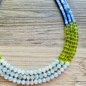 Shoreline BoardWalk Chunky Statement Necklace, big Beaded thick Jewelry, Triple Strand wedding or everyday dress, turquoise green blue